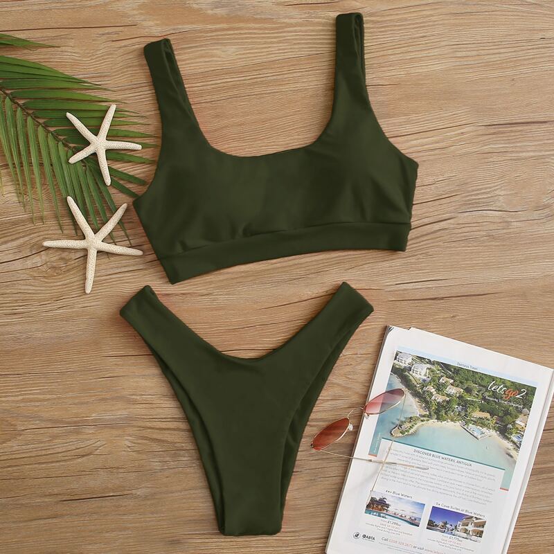 

Plain High Leg Bikini Swimsuit, Army green