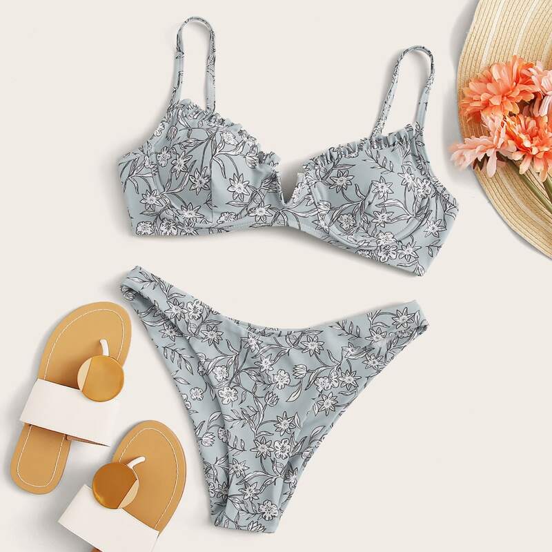 

Floral V Wired Underwire Bikini Swimsuit, Grey