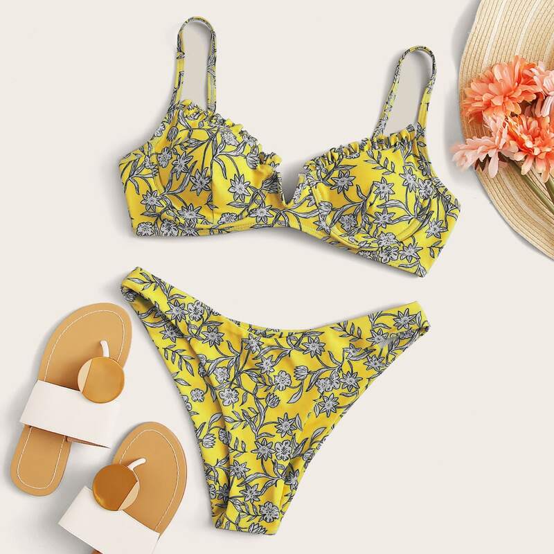 Floral V Wired Underwire Bikini Swimsuit, Yellow