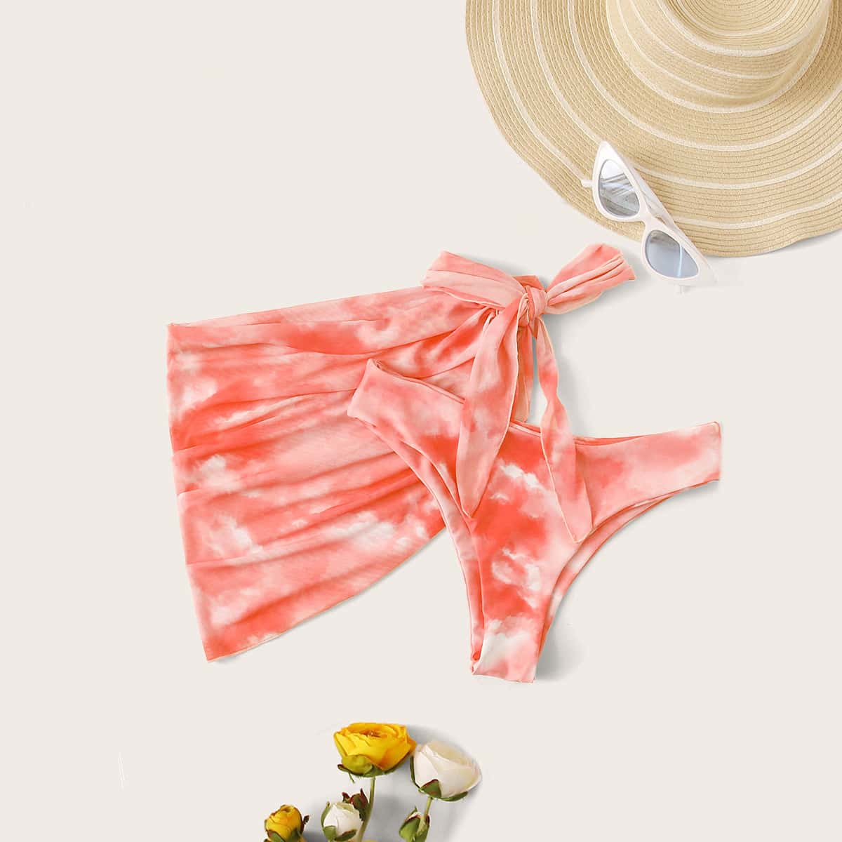 

2pack Tie Dye Bikini Panty With Beach Skirt, Red