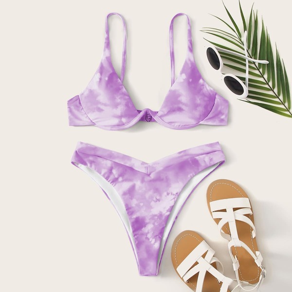 

Tie Dye Underwire High Leg Bikini Swimsuit, Purple