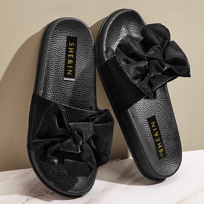 

Open Toe Bow Decor Sliders, Black