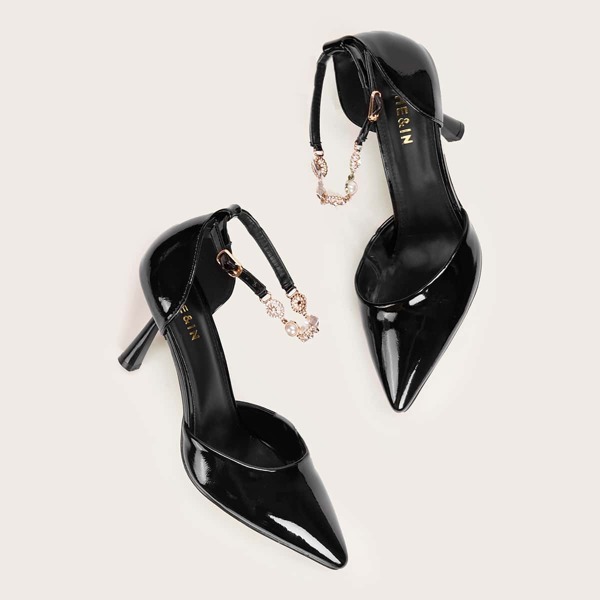 

Point Toe Faux Pearl Ankle Strap Heels, Black