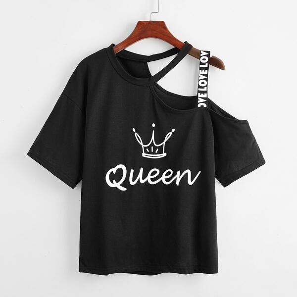 

Asymmetrical Neck Letter Graphic Tee, Black