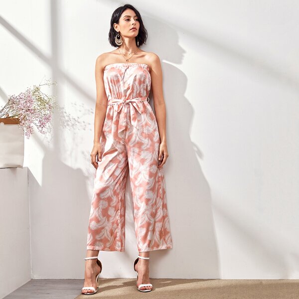 

Feather Print Self Tie Tube Jumpsuit, Pink