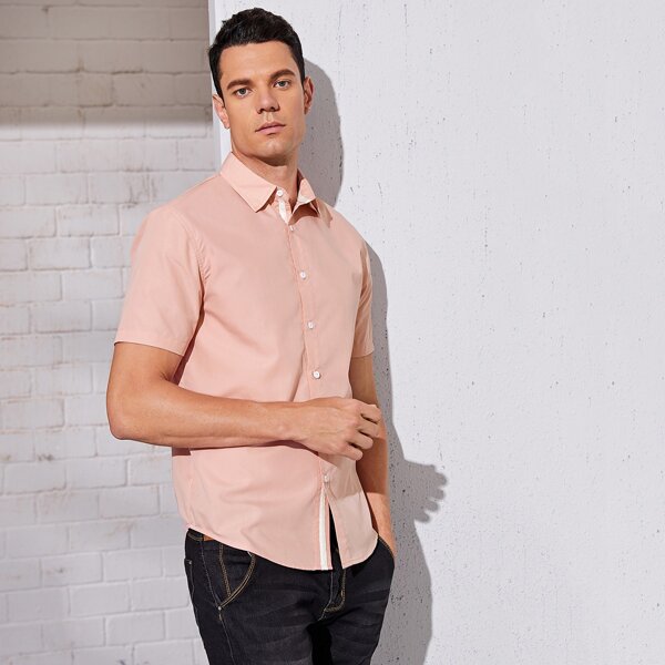 

Men Tape Detail Curved Hem Shirt, Pink