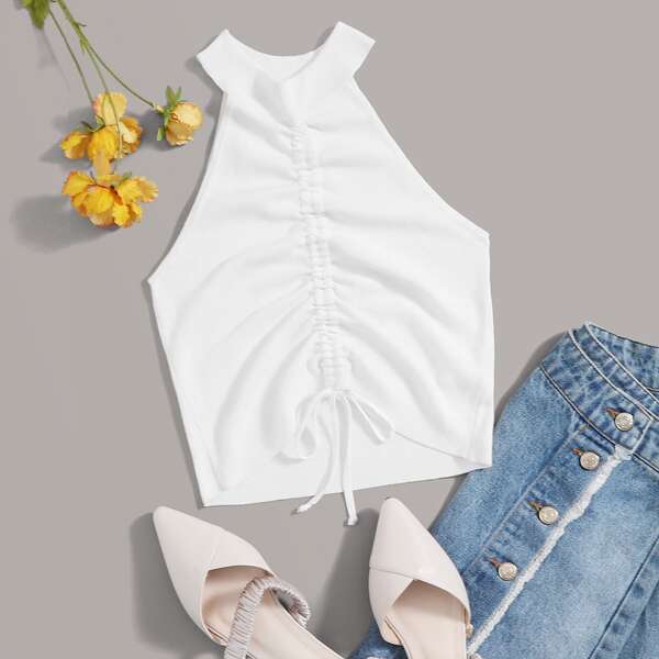 

Drawstring Front Halter Knit Top, White