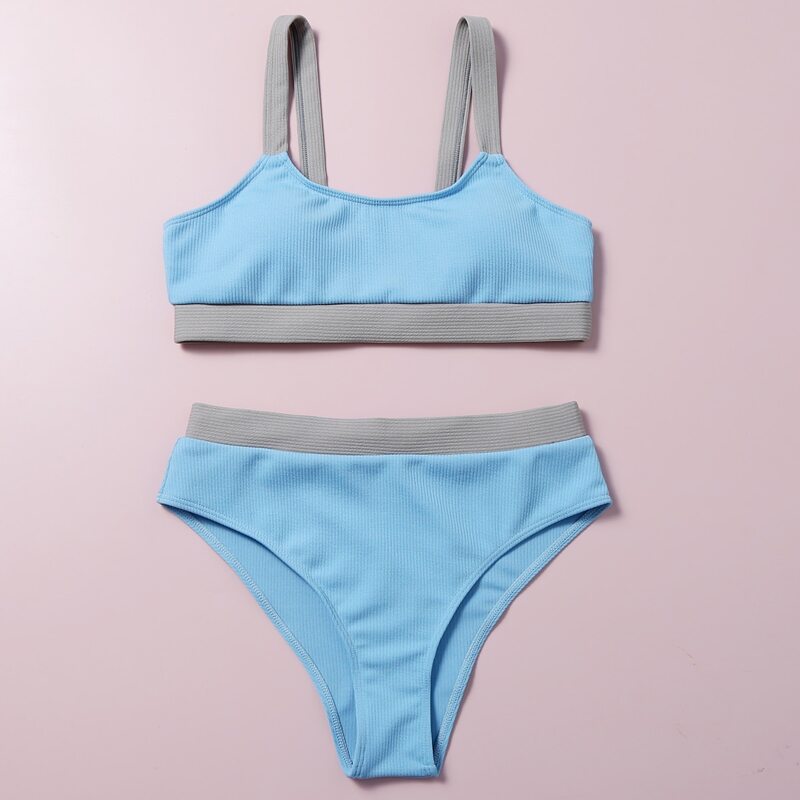 

Rib Contrast Trim High Waisted Bikini Swimsuit, Blue