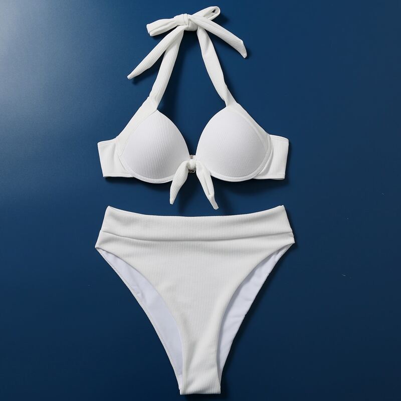 

Rib Underwire High Waisted Bikini Swimsuit, White