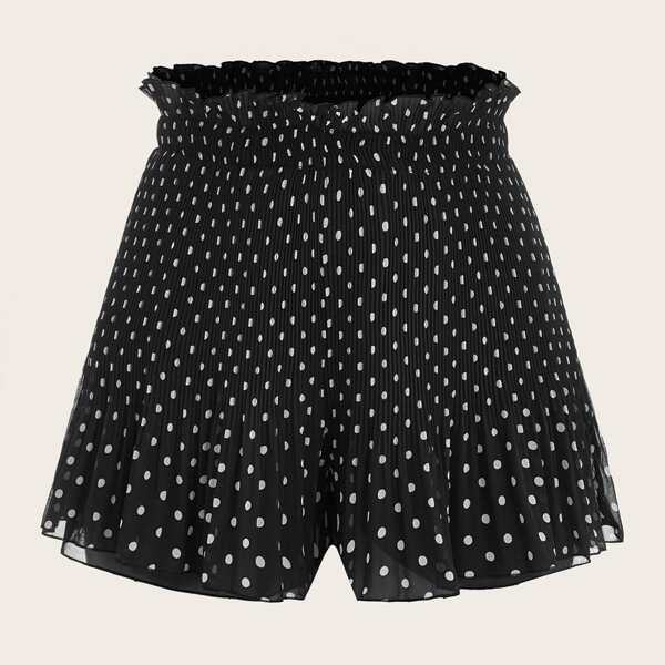 

Plus Ruffle Waist Plisse Pleated Polka Dot Shorts, Black