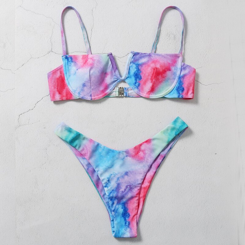 

Tie Dye V Wired Underwire High Leg Bikini Swimsuit, Multicolor