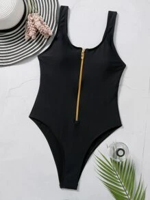 拉鏈背心連身泳裝 - 黑色 - 查看 3