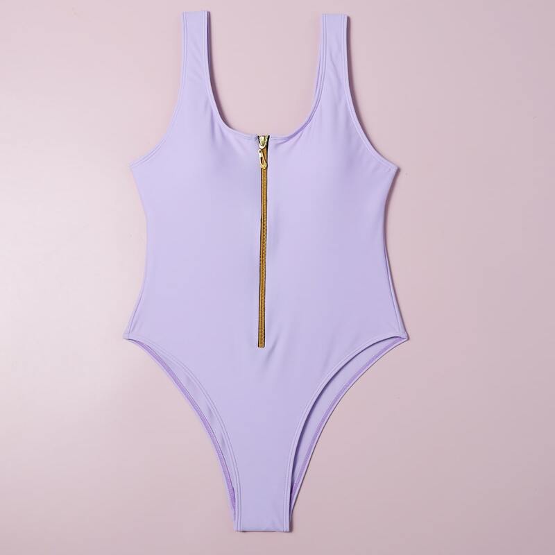 

Zip Front One Piece Tank Swimsuit, Purple