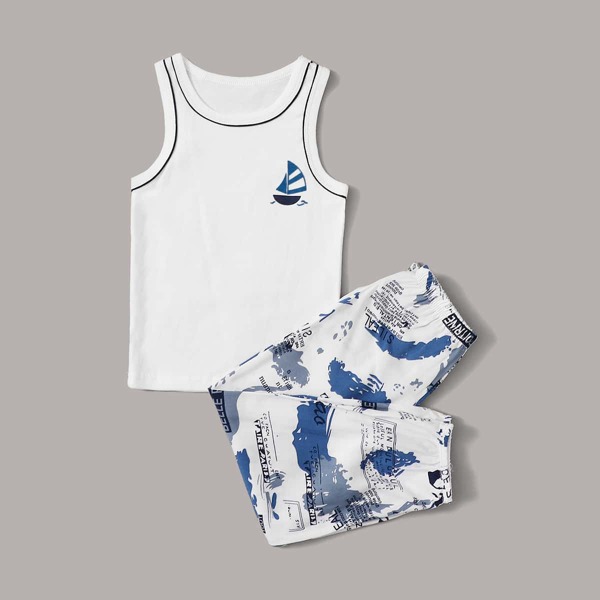 

Toddler Boys Sailboat Graphic Tank Pajama Set, White