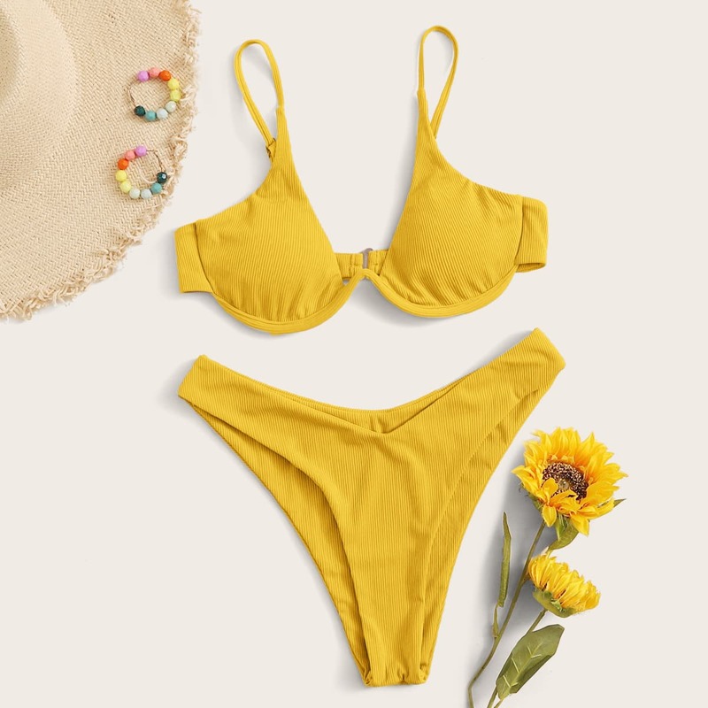 

Rib Underwire High Leg Bikini Swimsuit, Yellow