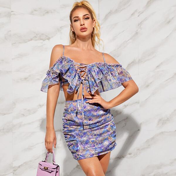 

Lace Up Front Cold Shoulder Top & Skirt Set, Multicolor