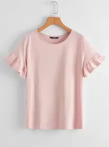 SHEIN LUNE Ruffle Cuff Solid Top - Pink - View 1