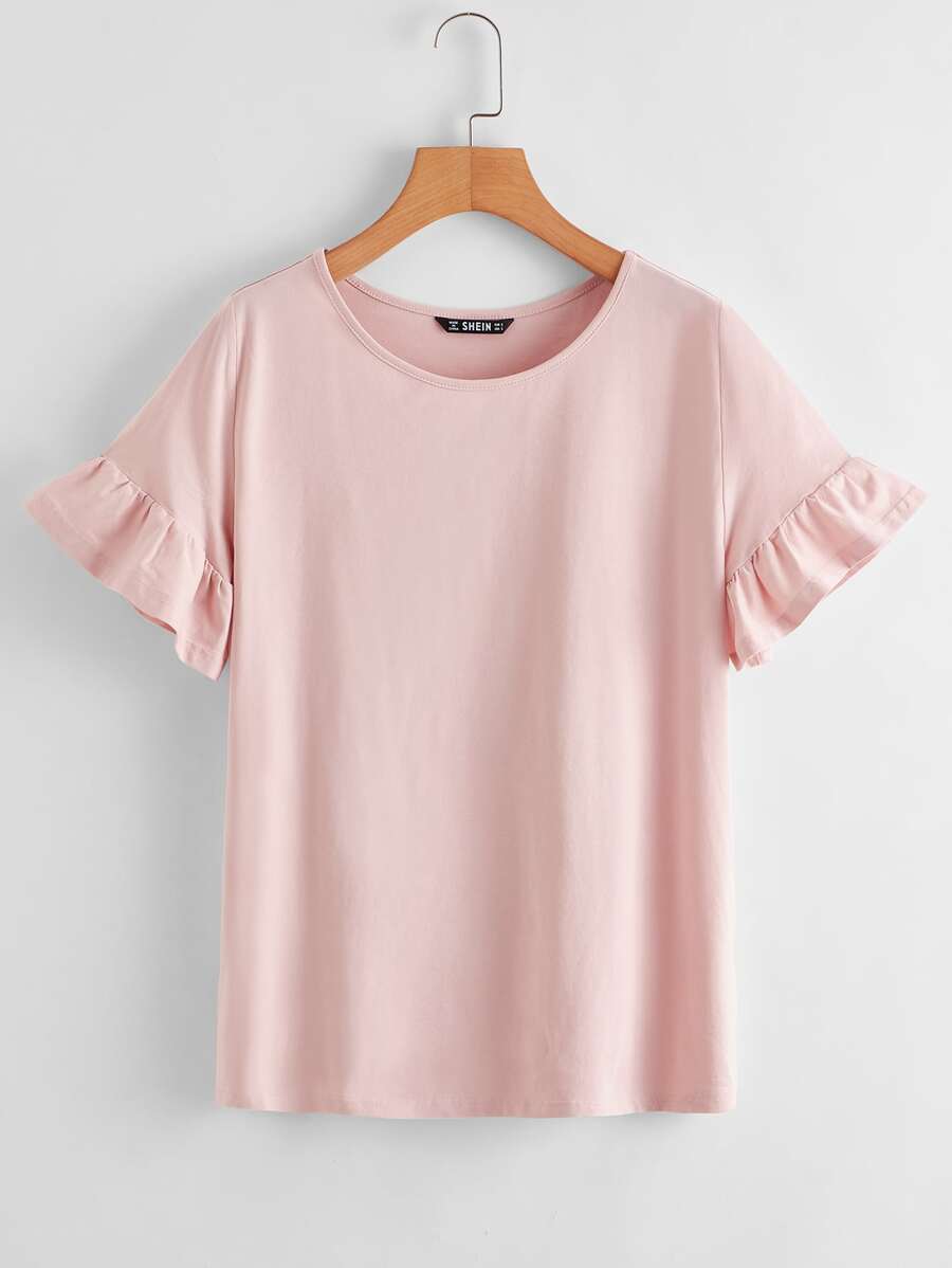 SHEIN LUNE Ruffle Cuff Solid Top - Pink - View 1
