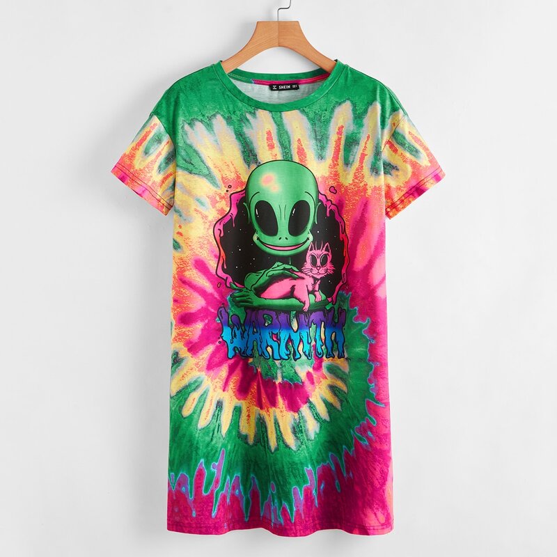 

Letter and Alien Print Tie Dye Tee Dress, Multicolor