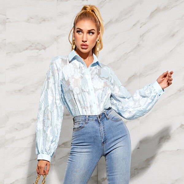 

Collared Jacquard Blouse, Baby blue