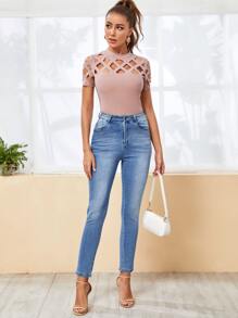 SHEIN Privé 小高領條帶肩部和袖上衣 - 粉色 - 查看 3