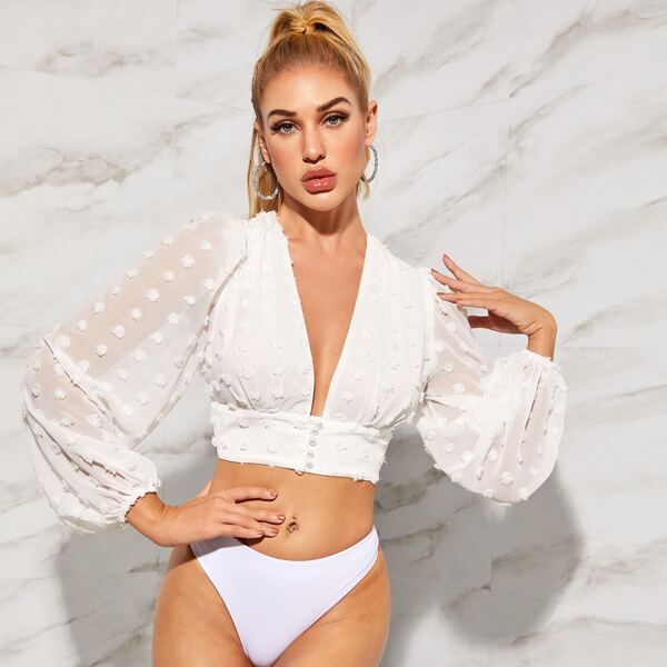 

Lantern Sleeve Plunging Neck Crop Top, White