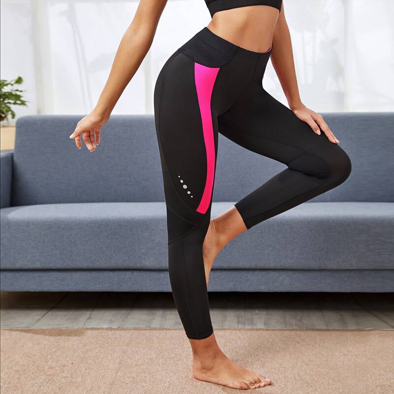 

Topstitching Contrast Panel Sports Leggings, Black