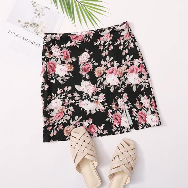 

Split Hem Allover Floral Print Skirt, Black