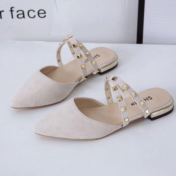 

Studded Decor Flat Mules, Beige