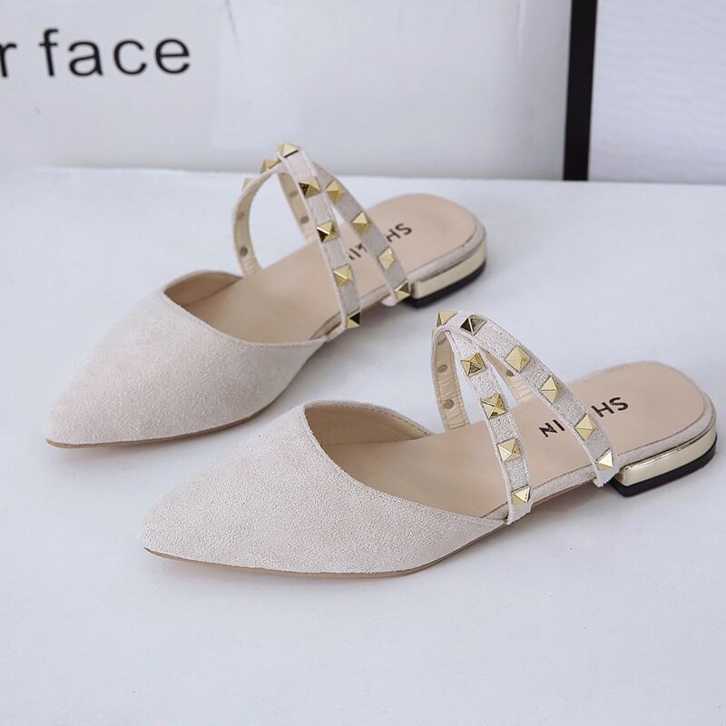 

Studded Decor Flat Mules, Beige