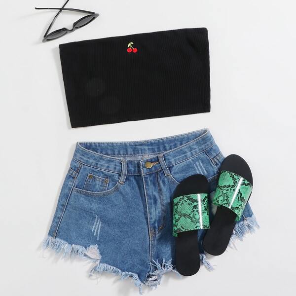

Cherry Embroidered Rib-knit Tube Top, Black