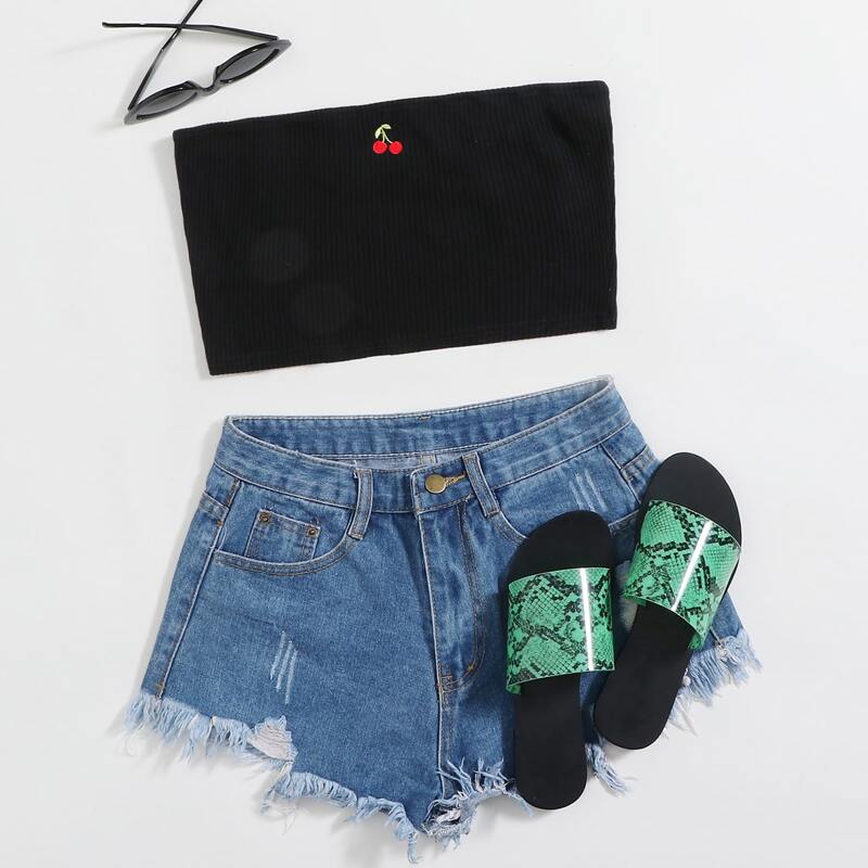 

Cherry Embroidered Rib-knit Tube Top, Black