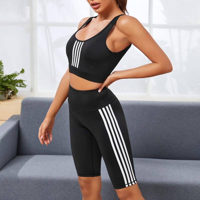 

Striped Panel Crop Tank Top & Biker Shorts, Black