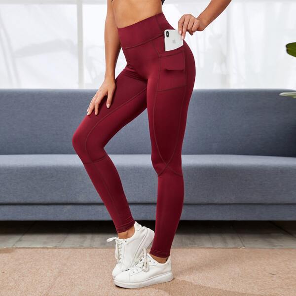 

Wide Waistband Sports Leggings With Phone Pocket, Burgundy