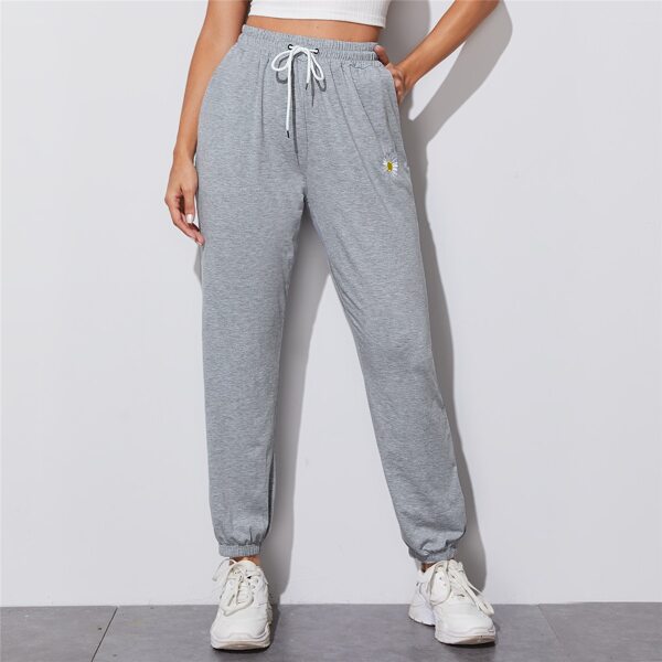 

Daisy Floral Print Drawstring Waist Joggers, Grey