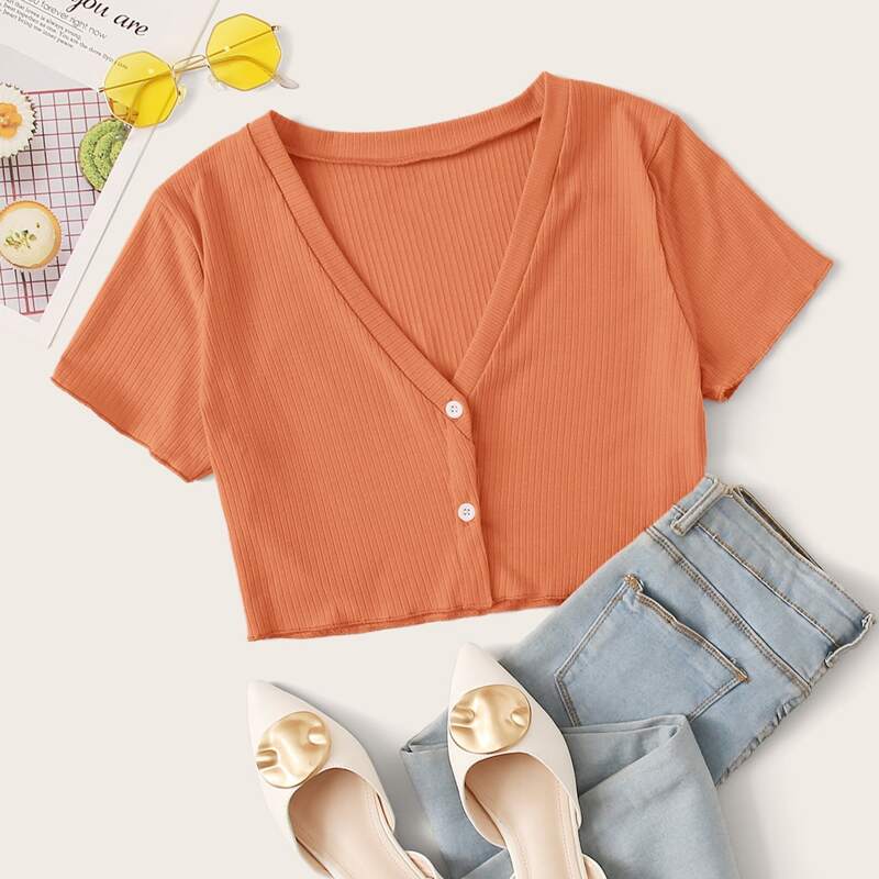 

Button Up Crop Ribbed Crop Top, Orange