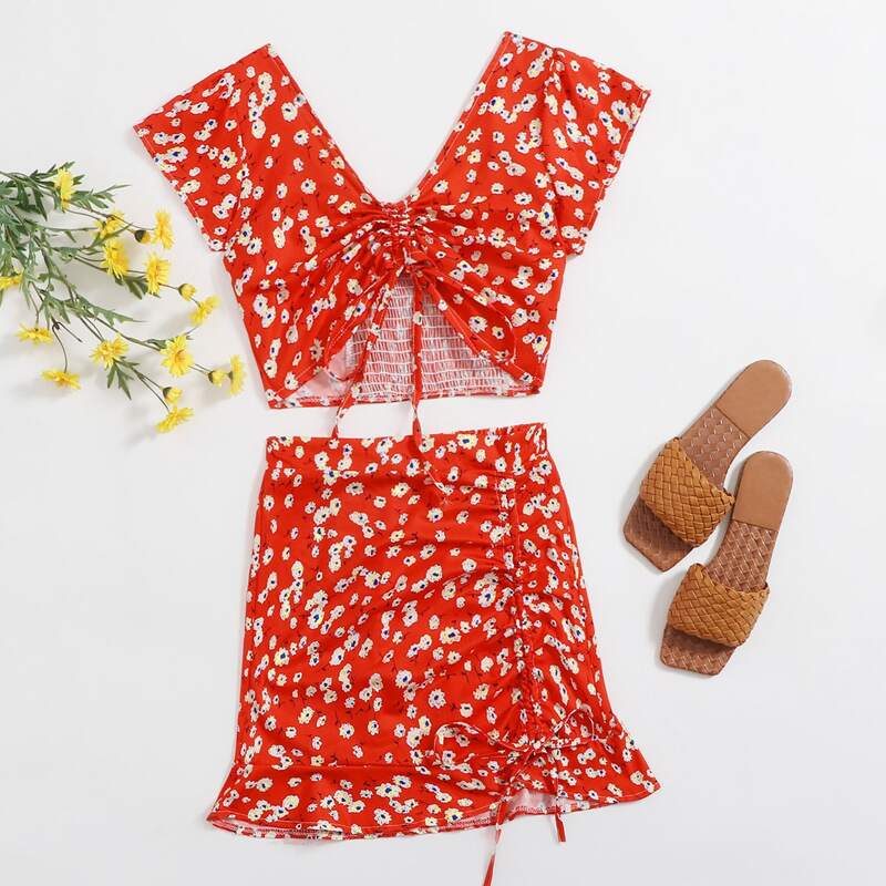 

Floral Drawstring Top & Ruffle Hem Skirt, Red