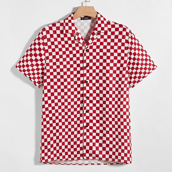 

Men Revere Collar Checkered Shirt, Red