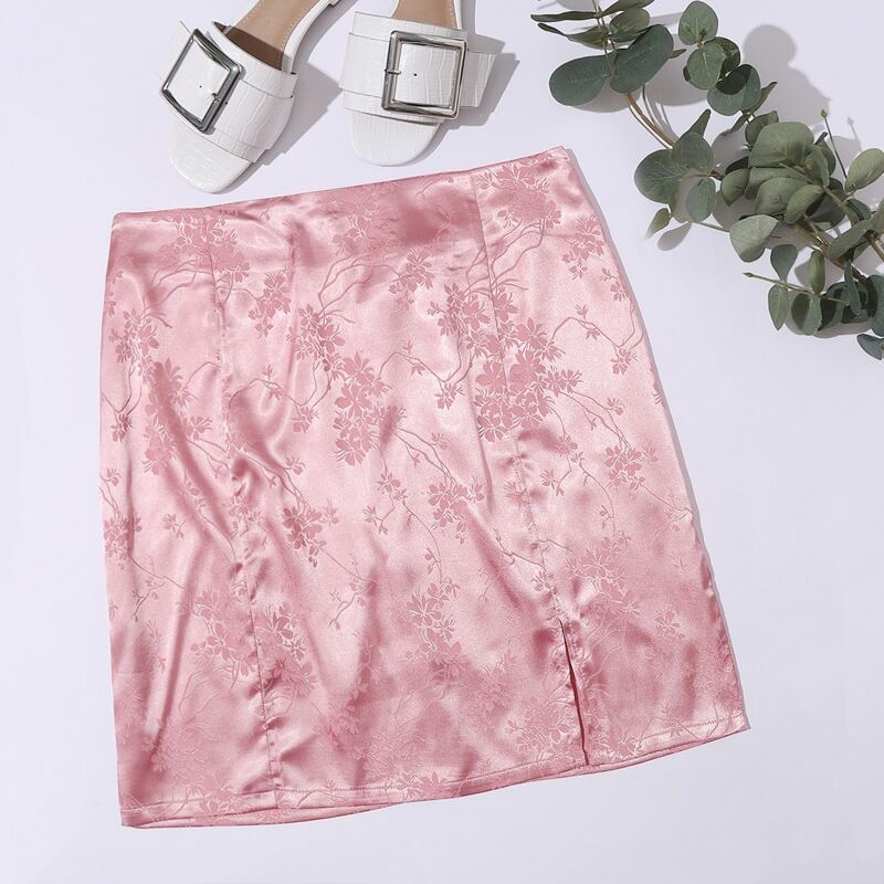

Jacquard Satin Split Skirt, Pink