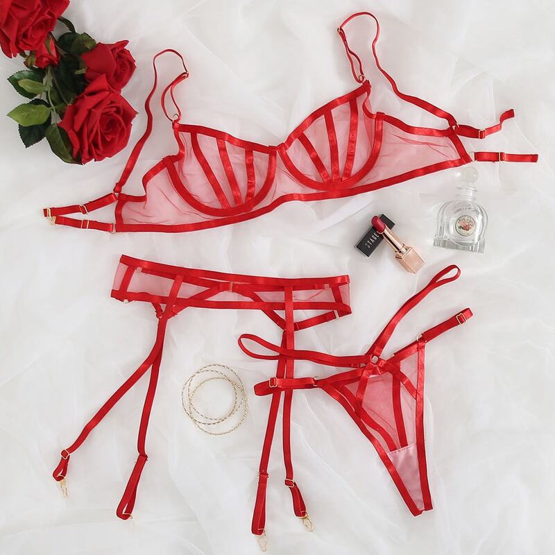

Sheer Mesh Underwire Garter Lingerie Set, Red