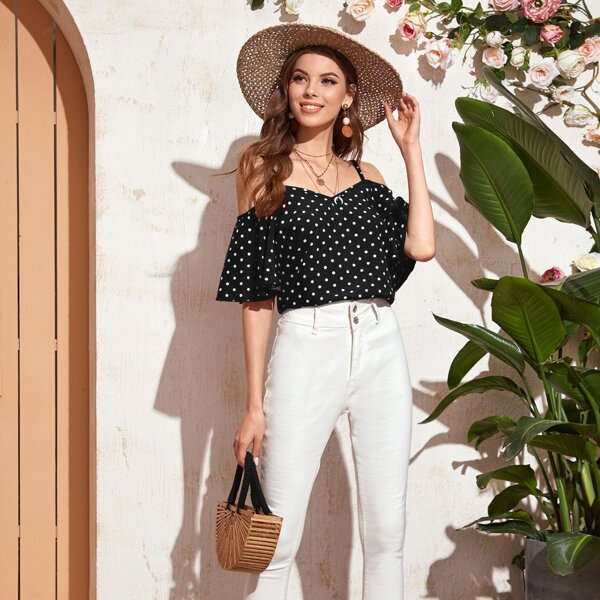 

Cold Shoulder Polka Dot Blouse, Black