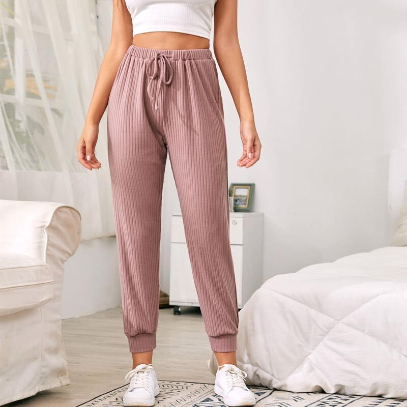 

Rib-knit Drawstring Waist Pants, Pink