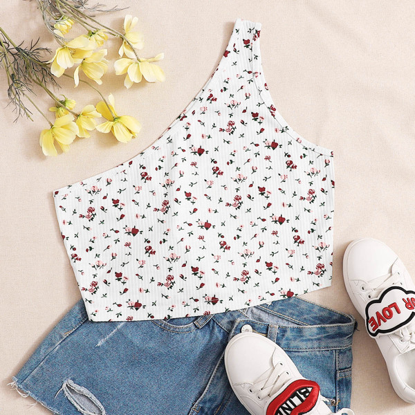 

Ditsy Floral One Shoulder Crop Top, White