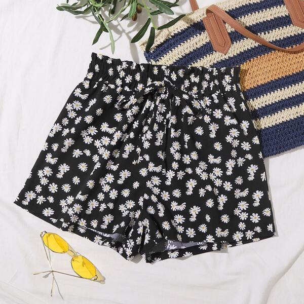 

Allover Floral Paper Bag Waist Shorts, Black