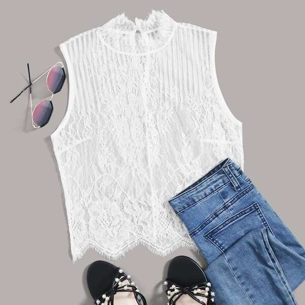 

Scallop Hem Sheer Lace Top, White