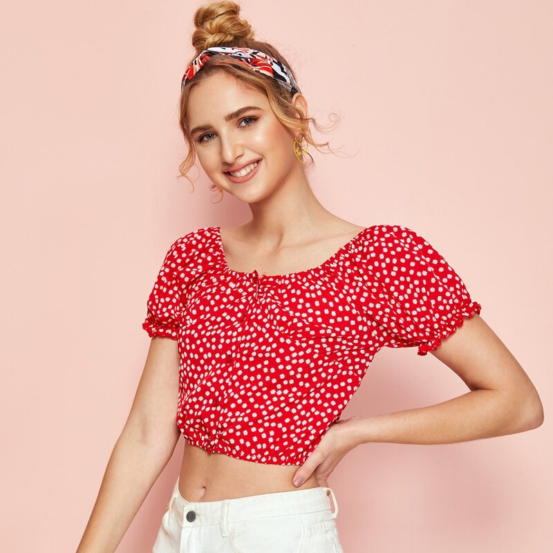 

Ditsy Floral Button Front Crop Top, Red