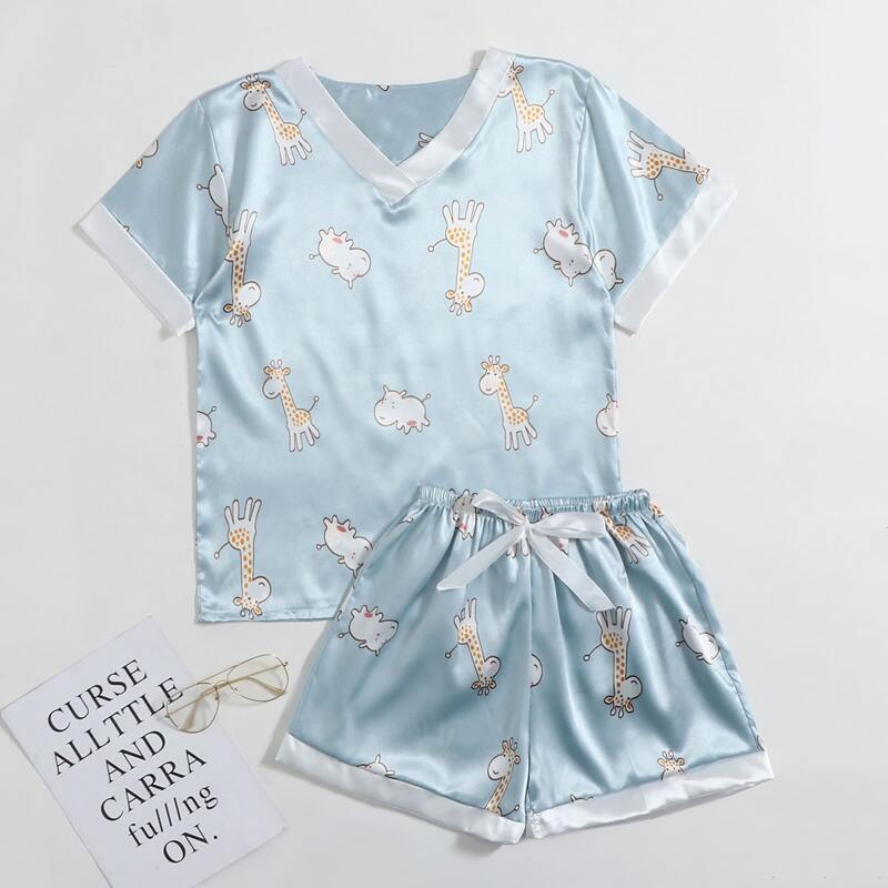 

Cartoon Animal Satin PJ Set, Blue