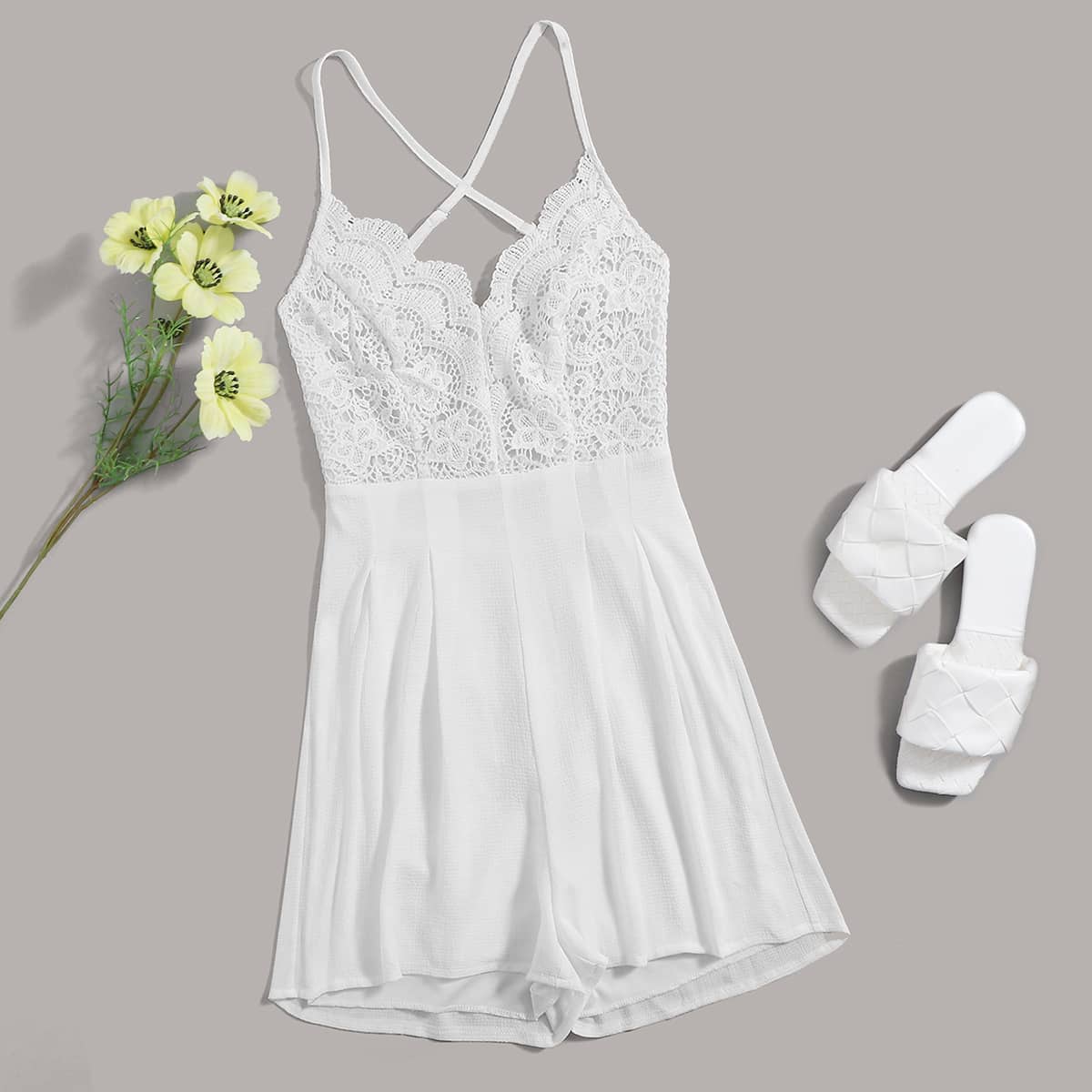

Guipure Lace Backless Cami Romper, White