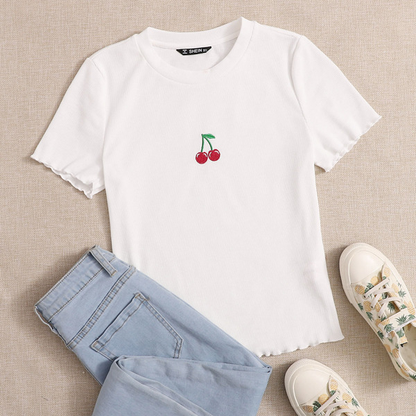 

Cherry Embroidered Lettuce Edge Tee, White