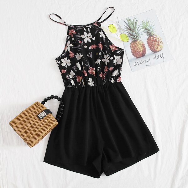 

Floral Tie Back Halter Romper, Black